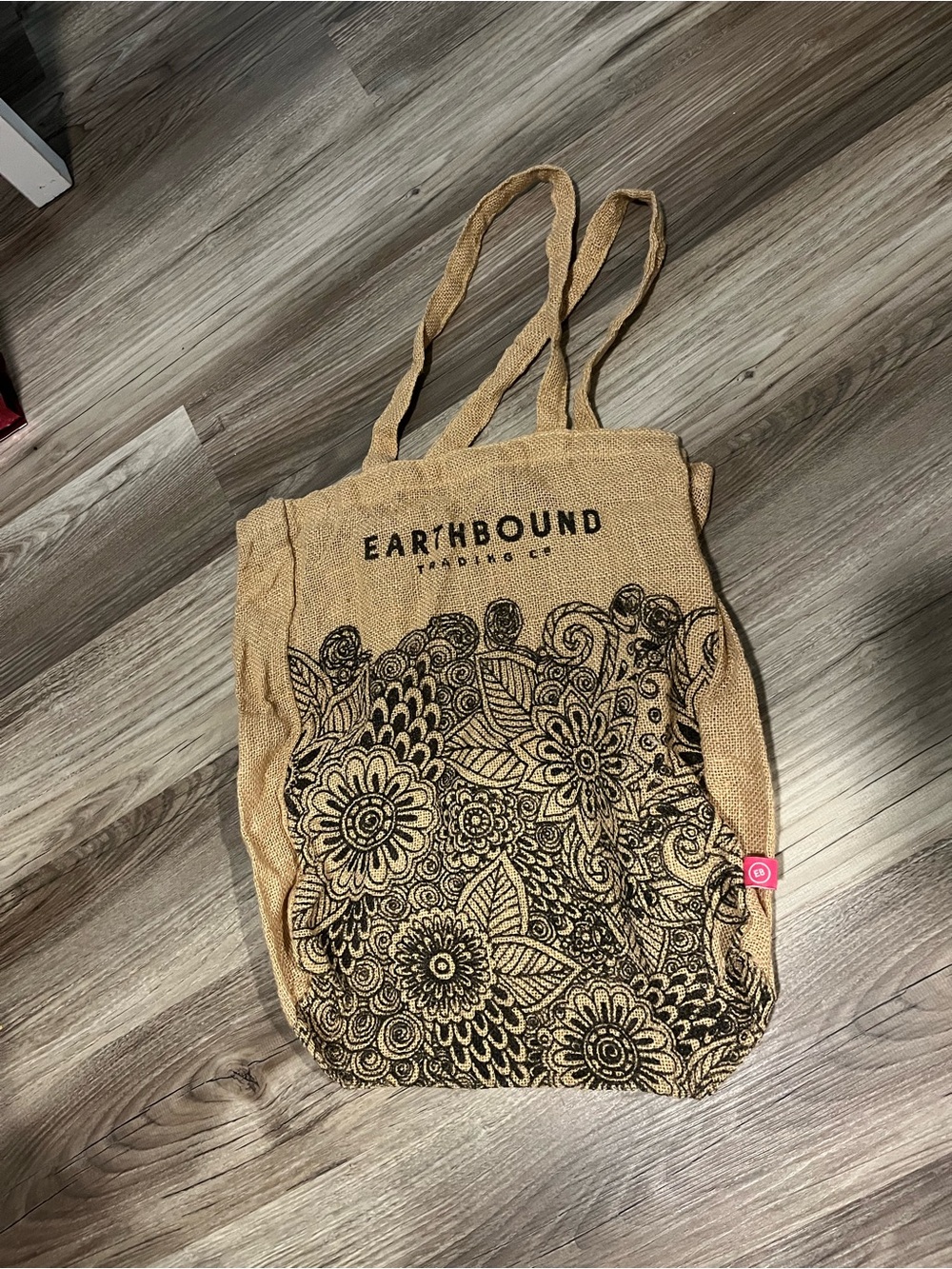 EARTHBOUND Natural Tan Jute Tote with Black Floral Design